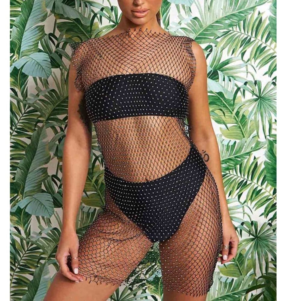 Formery Mesh Swimsuit Cover Ups Sheer Rhinestone Beach Coverups Fishnet Dress
